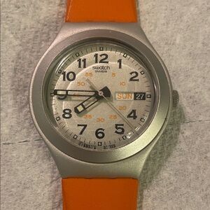 Swatch Silver Dial with Orange Strap Watch